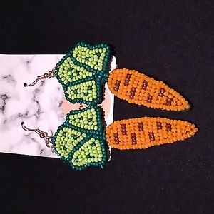 Easter beaded Earrings hypoallergenic carrots green & orange 3 x 1 inch